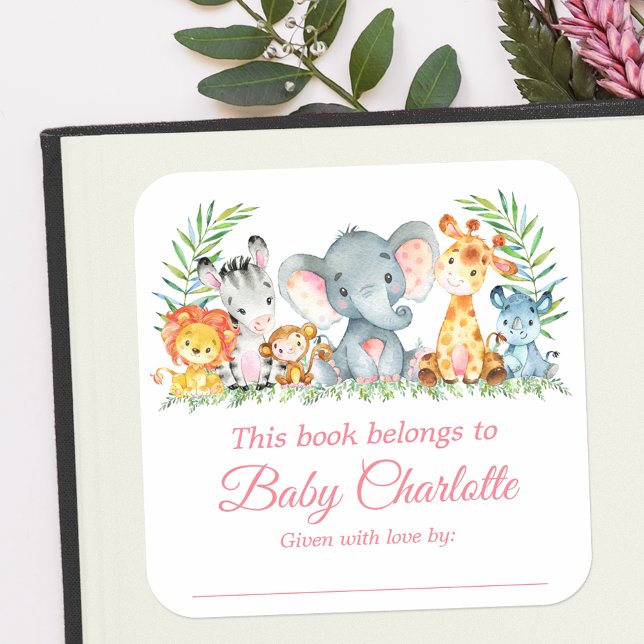 Safari Animals Baby Shower Pink Bookplate Labels (Customize to change text size, color or text style.)