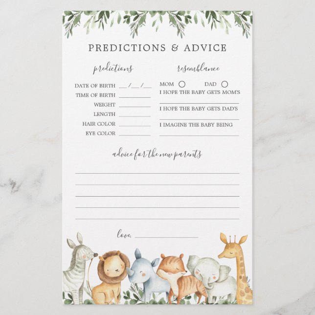Safari Animals Baby Shower Predictions and Advice (Front)