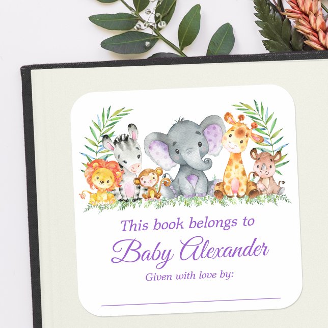 Safari Animals Baby Shower Purple Bookplate Labels (Customize to change text size, color or text style.)