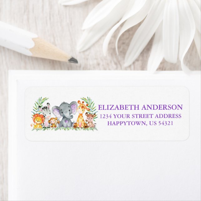 Safari Animals Baby Shower Purple Return Address (Insitu)