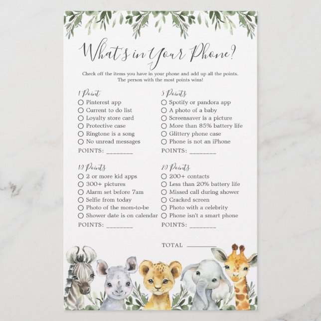 Safari Animals Baby Shower What's in Your Phone (Front)