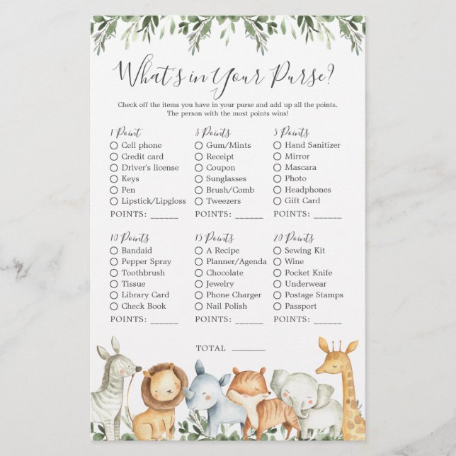 Safari Animals Baby Shower What's in Your Purse (Front)