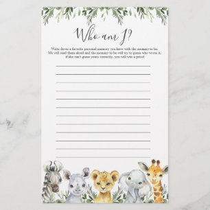 Safari Animals Baby Shower Who Am I Game