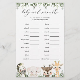 Safari Animals Baby Shower Word Scramble Game