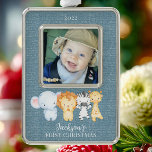 Safari Animals Baby's First Christmas Photo Silver Plated Framed Ornament<br><div class="desc">Our cute jungle little elephant,  lion,  zebra & giraffe baby's First Christmas photo ornament is easy to personalise with your baby name and photo.</div>