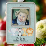 Safari Animals Baby's First Christmas Photo Silver Plated Framed Ornament<br><div class="desc">Our cute jungle little elephant,  lion,  zebra & giraffe baby's First Christmas photo ornament is easy to personalise with your baby name and photo.</div>