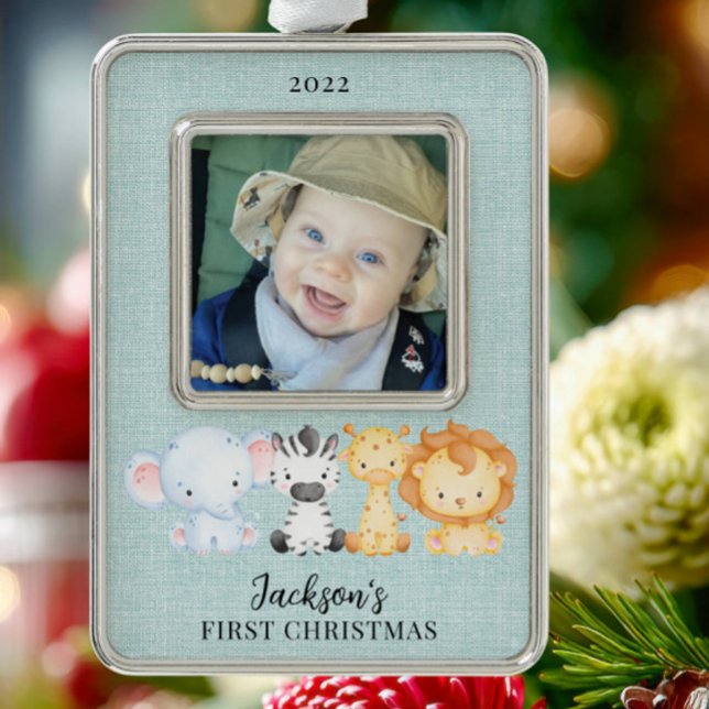 Safari Animals Baby's First Christmas Photo Silver Plated Framed Ornament (Creator Uploaded)