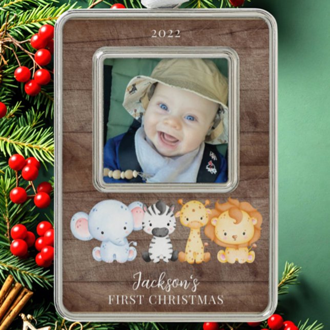 Safari Animals Baby's First Christmas Photo Silver Plated Framed Ornament (Creator Uploaded)