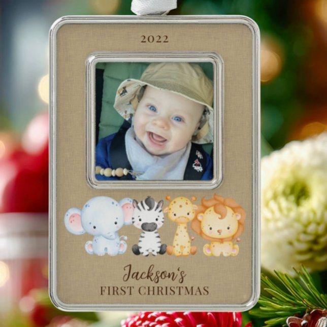 Safari Animals Baby's First  Silver Plated Framed Ornament (Creator Uploaded)