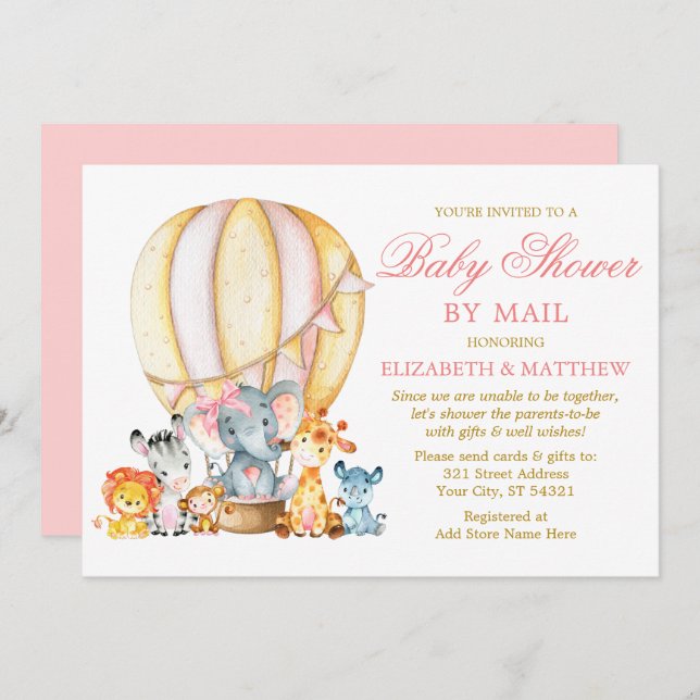 Safari Animals Balloon Pink Bow Shower by Mail Invitation (Front/Back)