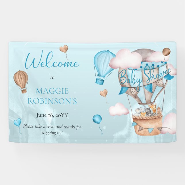 Safari Animals Balloons Blue Boy Baby Shower  Banner (Horizontal)