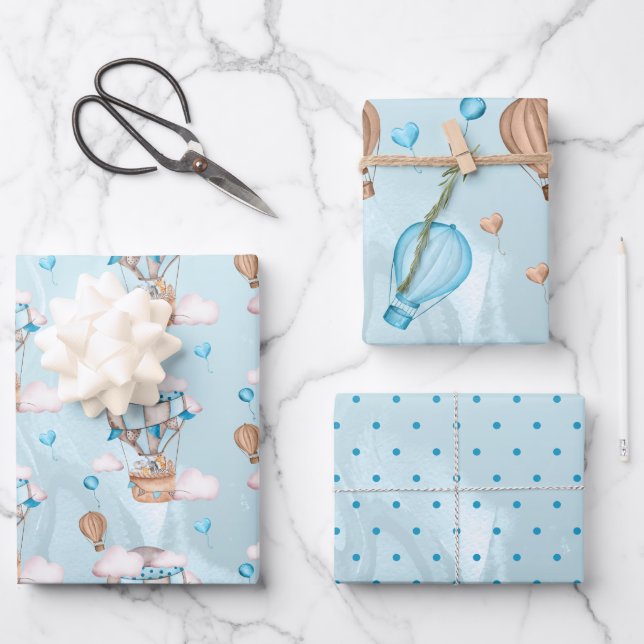 Safari Animals Balloons Blue Boy Baby Shower Wrapping Paper Sheet (Front)