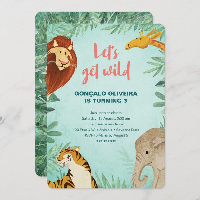 Safari Animals Birthday Jungle Party Boy Lets Wild Invitation (Front/Back)