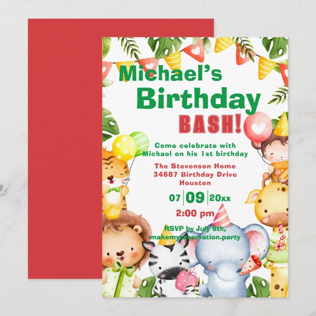 Safari Animals Birthday Party Invitation (Front/Back)