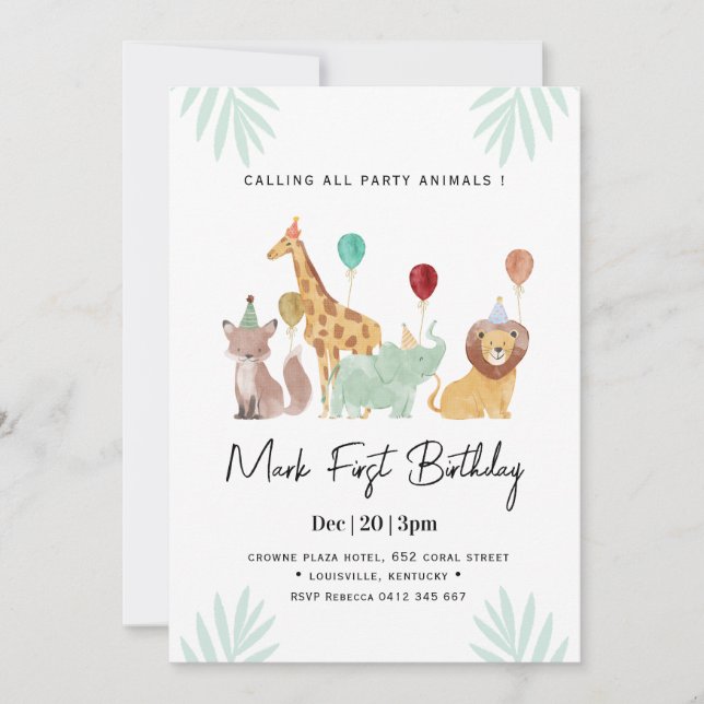 Safari Animals Birthday party Invitation (Front)