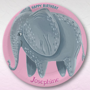 Safari animals birthday watercolor elephant girl paper plate