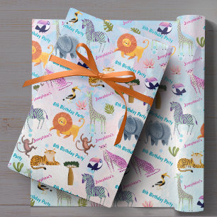 Safari animals birthday watercolor girl custom  wrapping paper