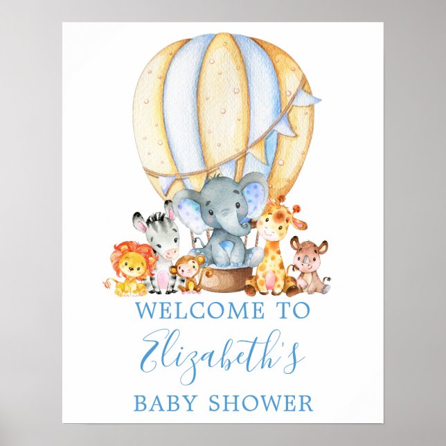 Safari Animals Blue Balloon Baby Shower Welcome Poster (Front)
