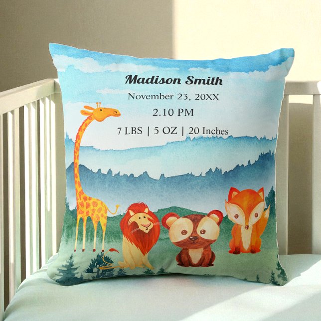 Safari Animals Blue Green Birth Stats Cushion (Creator Uploaded)