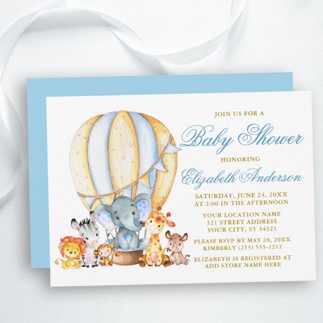 Safari Animals Blue Hot Air Balloon Baby Shower Invitation (Customize to change text color, size, text style or change color of back of card.)