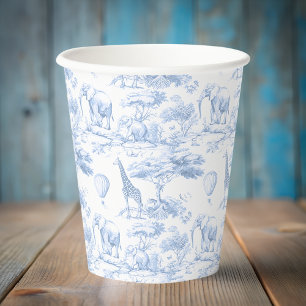 Safari Animals Blue Toile de Jouy Baby shower Paper Cups