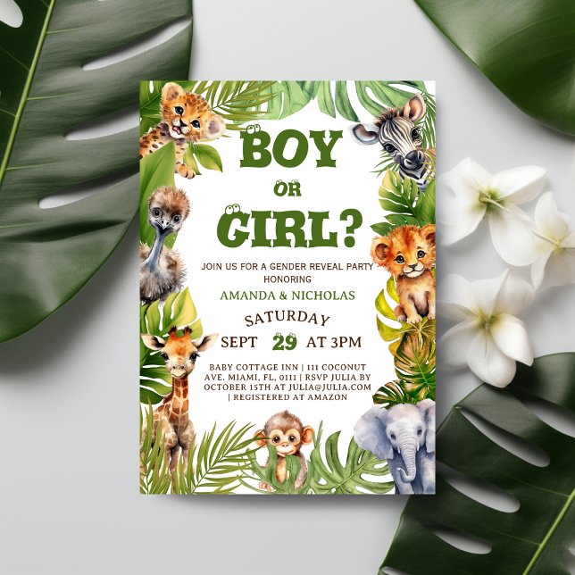 Safari Animals Botanical Gender Reveal Invitation (Creator Uploaded)