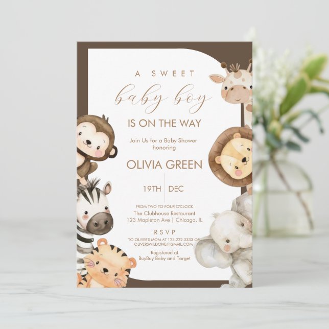 Safari Animals Boy Baby Shower  Invitation (Standing Front)