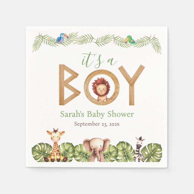 Safari Animals Boy Baby Shower Wood Jungle Leaves Napkin (Front)