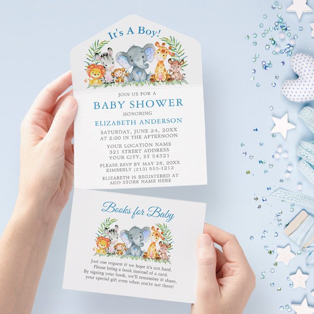 Safari Animals Boy Blue Baby Shower and Books All In One Invitation (All In One Baby Shower Invitation with Books for Baby tear off card.)