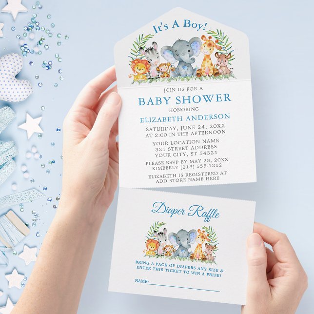 Safari Animals Boy Blue Baby Shower and Raffle All In One Invitation (All In One Baby Shower Invitation with Diaper Raffle tear off card.)