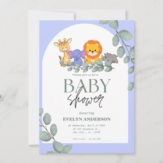 Safari Animals Boy Blue Baby Shower Invitation (Front)