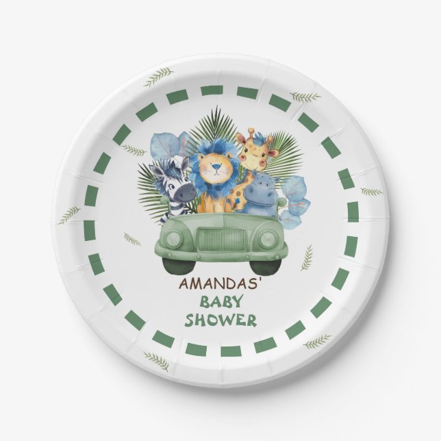 Safari Animals Car Boy Baby Shower Paper Plate (Front)