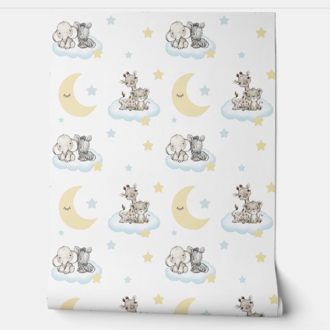 Safari Animals Clouds Stars Moon Baby Nursery Wallpaper (Unrolling)