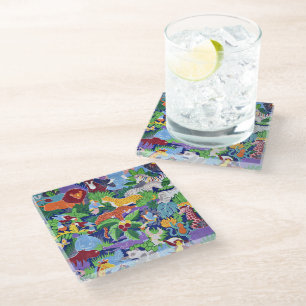 Safari Animals, colourful pattern, Glass Coaster