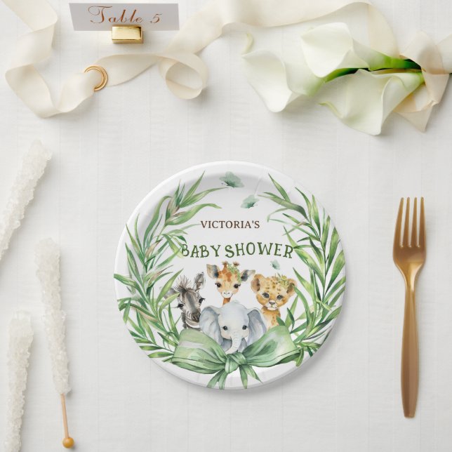 Safari Animals Cute Bow Baby Shower Paper Plate (Wedding)