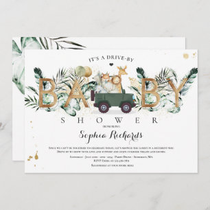 Safari Animals Drive By Baby Shower Greenery Gold Invitation