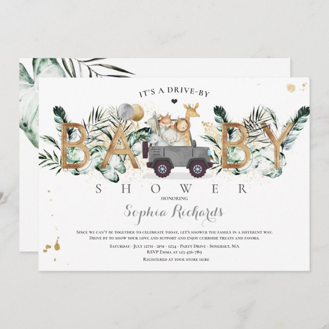 Safari Animals Drive By Baby Shower Greenery Gold Invitation (Front/Back)