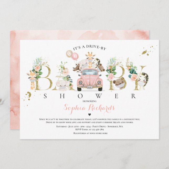 Safari Animals Drive By Baby Shower Greenery Gold Invitation (Front/Back)