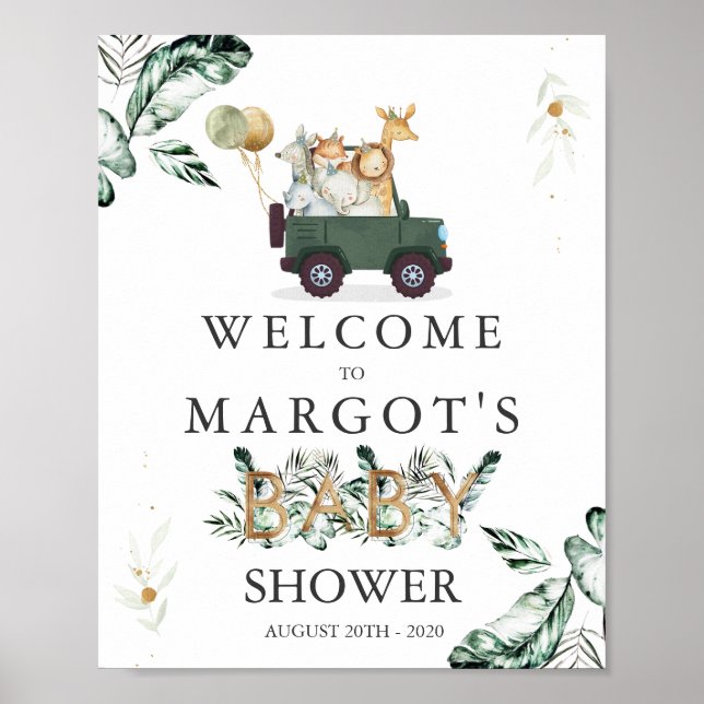 Safari Animals Drive By Baby Shower Greenery Poster (Front)