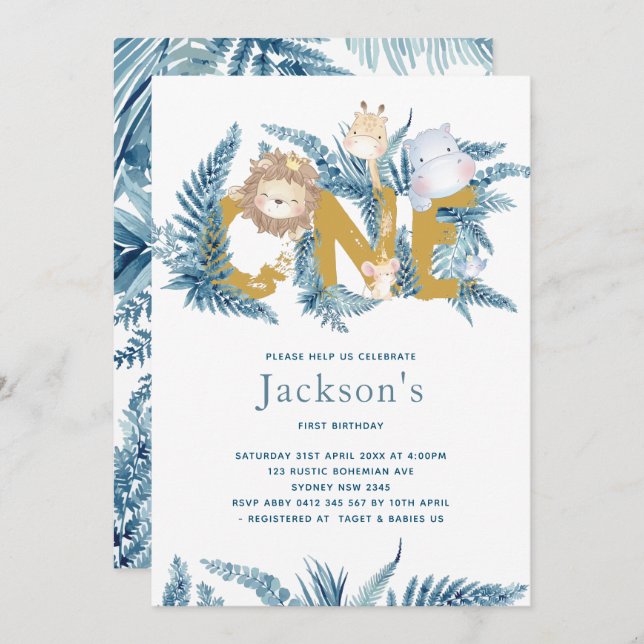 Safari Animals First Birthday Invitation (Front/Back)