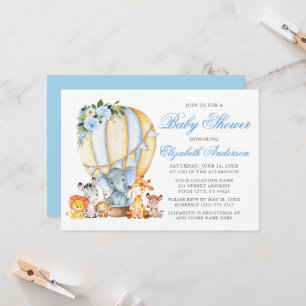Safari Animals Floral Air Balloon Blue Baby Shower Invitation