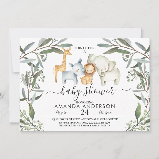 Safari Animals Foliage Baby Shower Invitation (Front)