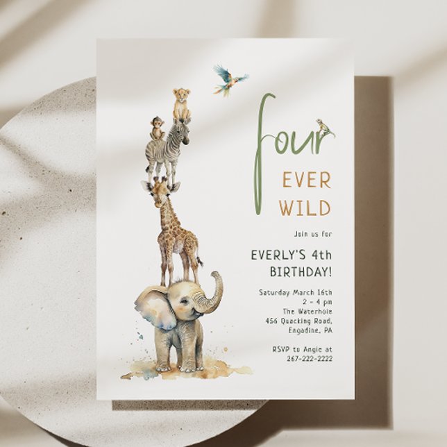 Safari Animals "Four Ever Wild" Kids Birthday Invitation (Creator Uploaded)