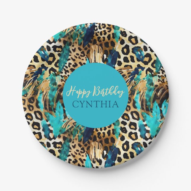 Safari Animals' Fur Prints Pattern Blue and Gold Paper Plate (Front)