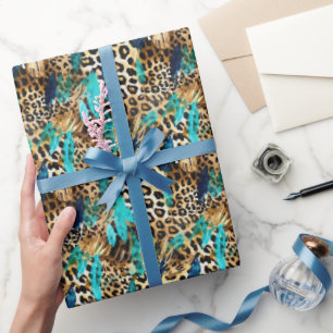 Safari Animals' Fur Prints Pattern Teal Blue Gold Wrapping Paper