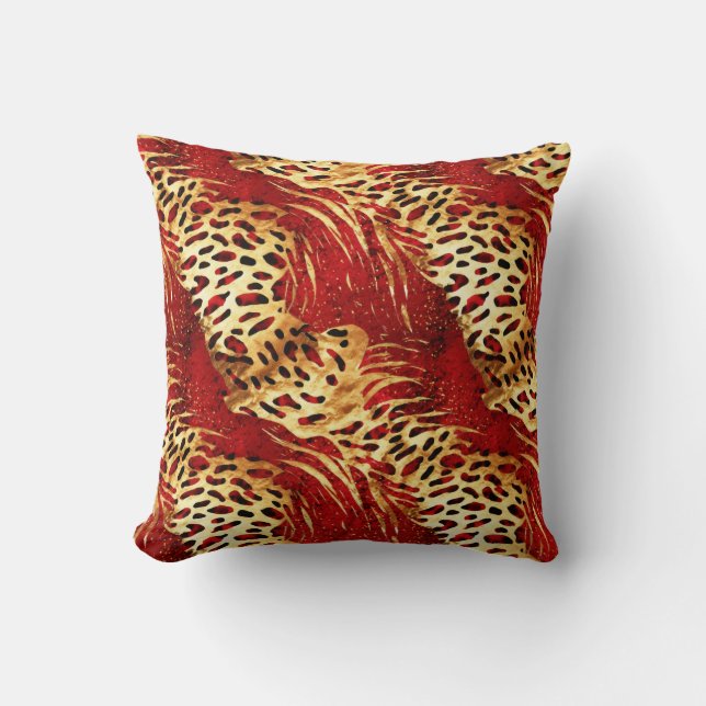 Safari Animals' Fur Prints Patterns Gold & Red  Cushion (Front)