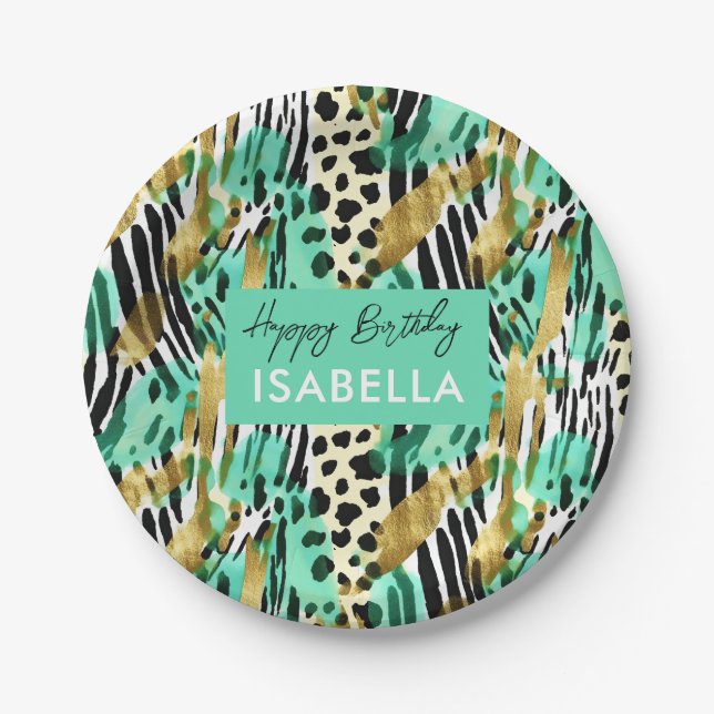 Safari Animals' Fur Prints Patterns Green Paper Plate (Front)