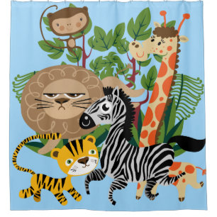 Safari Animals Giraffe Monkey Lion Zebra Tiger Shower Curtain