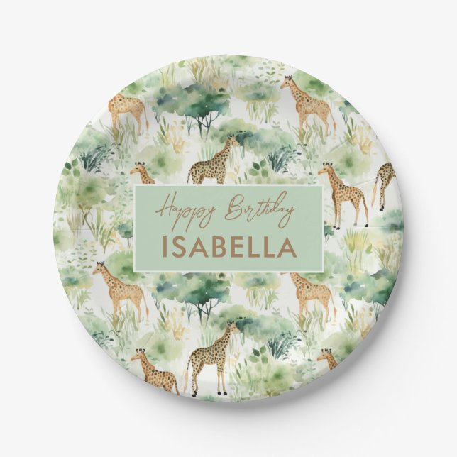 Safari Animals - Giraffes Watercolor Green Beige Paper Plate (Front)