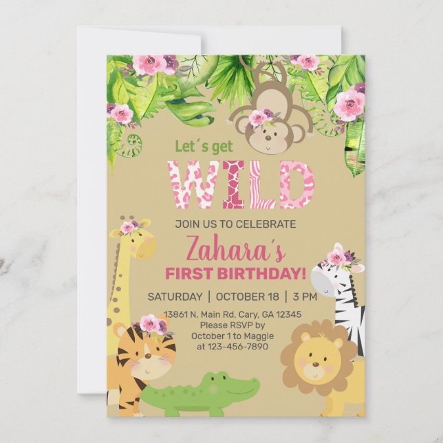Safari animals girl 1st first birthday invite. invitation (Front)